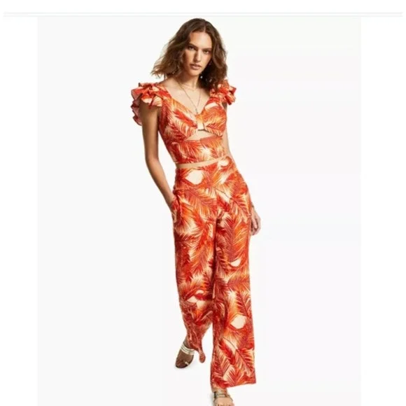 INC International Concepts 2 Piece Set XL Tropical Print Crop Top & Pants Orange - Picture 1 of 11